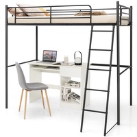 Giantex Metal Loft Bed Frame Heavy-duty Steel Bed Frame w/High Guard Rails & Ladder Underneath Floor Space Single Size Black