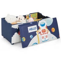 Giantex Upholstered Toy Storage Ottoman Bench Wooden Kids Storage Organizer w/Lid & Pattern of Astronaut & Rocket Toy Chest Footrest Blue