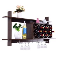 Giantex Wall-mounted Wine Rack Holds 10 Bottles & 6 Glasses Modern Wine Storage Rack for Kitchen Black Walnut