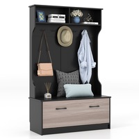 Giantex Wooden Entryway Hall Tree Coat Rack Stand w/Shoe Bench & 5 Hooks & 2 Open Cabinets, Black