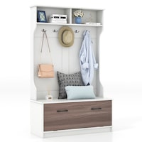 Giantex Wooden Entryway Hall Tree Coat Rack w/Shoe Bench & 5 Hooks & 2 Open Cabinets White