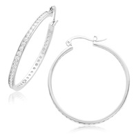 Sterling Silver 35x2.5mm White Cubic Zirconia Hoop Earrings