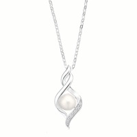 Sterling Silver Button 7.5-8 mm White Fresh Water Pearl Cubic Zirconia Pendant
