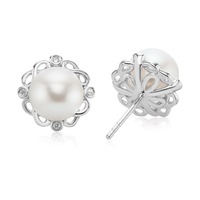Sterling Silver Round 7-8mm Freshwater Pearl & Diamond Set Stud Earrings