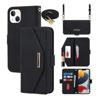 Crossbody Phone Case Wallet PU Leather Flip Wrist Holder iPhone Cases-Black