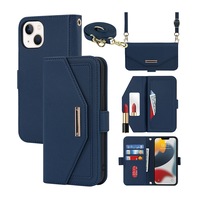 Crossbody Phone Case Wallet PU Leather Flip Wrist Holder iPhone Cases-Navy Blue