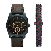 Fossil Machine Chronograph Dark Brown Leather Watch and Bracelet Box Set FS5251SET Stainless Steel Quartz Movement 796483283916