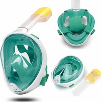 Anti-Fog Panoramic 180° View Snorkel Mask Full Face Diving Swimming Scuba Breathing Tube with Action Camera Mount - Green (Small / Medium)