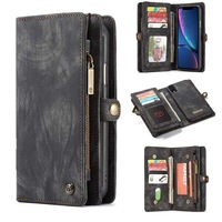 CaseMe For Apple iPhone XR Zipper & Detachable Retro Leather Pouch Wallet Flip Purse Bag Detachable Phone Case Cover (Black)