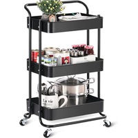 3 Tiers Kitchen Storage Trolley Cart Steel Rack Shelf Organiser Wheels Black