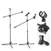 Telescopic Boom Microphone Stand Adjustable Mic Holder Tripod Two Clip 1 to 2 M