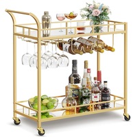 Gold Bar Cart with Mirrored Shelves and Wine Holders for Kitchen and Dining Room