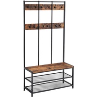 Large Coat Rack Standand with 12 Hooks and Shoe Bench, RuStandic Brown and Black