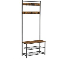 RuStandic Brown Coat Rack Standand with Hallway Shoe Rack and Bench with Shelves, Matte Metal Frame, Height 175 cm
