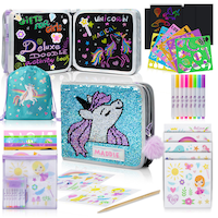 Unicorn Colouring Sets for Kids Ages 4-8, Great Travel Colouring Kit Or Activity Sets for Kids Ages 3-5 with Erasable Doodle Book, Stickers, Scratch Paper, Washable Markers, Unicorn Gifts for Girls
