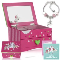 Amitié Lane Musical Unicorn Jewelry Box For Girls With Unicorn Charm Bracelet Plus Augmented Reality App (STEM Toy) - Gifts For Girls (Fuchsia)