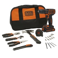 BLACK+DECKER 18V Cordless Drill Driver + Hand Tools (inc. Battery+Charger)