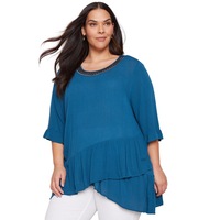 AUTOGRAPH - Plus Size - Womens Summer Tops - Blue Basic - Vivid - Work Clothes - Teal - 3/4 Sleeve - Frill Party - Office Wear - Smart Casual Fashion
