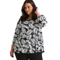 AUTOGRAPH - Womens Plus Size - Tops - Summer - Tunic - Black - 3/4 Sleeve - Scoop Neck - Knit - Relaxed Fit - Length Long - White Palm Floral Clothes