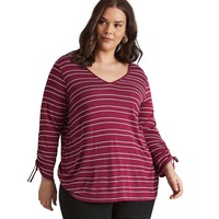 AUTOGRAPH - Plus Size - Womens Winter Tops - Purple Basic - Cotton - Striped - Plum/White - Long Sleeve - Knit - Textured - Office Wear - Work Clothes