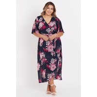 BeMe - Womens Plus Size - Dress - Summer - Maxi / Long - Blue - Elbow Sleeve - V Neck - Magenta Large Floral - Office Wear - Casual Work Clothes
