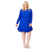 BeMe - Womens Plus Size - Dress - Summer - Mini / Short - Blue - Long Sleeve - V Neck - Electric - Office Wear - Work Clothes - Smart Casual Fashion