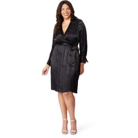 BeMe - Womens Plus Size - Dress - Summer - Shift - Black - Long Sleeve - Plunging Neckline - Jacquard - Crane Abstract - Office Wear - Work Clothes