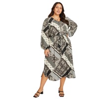 BeMe - Plus Size - Womens Midi Dress - Grey - Summer Casual A Line Dresses - Paisley Multi - Long Sleeve - Abstract Print - Hanky - Women's Clothing