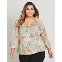 Curve Society - Womens Plus Size - Tops - Winter - Basic - Green - 3/4 Sleeve - Mesh - Relaxed Fit - Length Regular - Floral - Casual Work Clothes