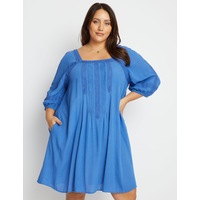 BeMe - Womens Plus Size - Dress - Summer - A Line - Blue - 3/4 Sleeve - Square Neck - Lace - Swing - Office Wear - Work Clothes - Casual Fashion