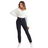 ROCKMANS - Womens Pants Blue Summer Ponte - Leggings Elastane - Fashion Trousers - Navy - High Waist - Wide Waistband - Work Clothes - Office Wear