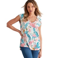 ROCKMANS - Womens Summer Tops - Beige Blouse / Shirt - Elastane - Floral Casual - Fitted - Short Sleeve - Scoop Neck - Office Wear - Work Clothes