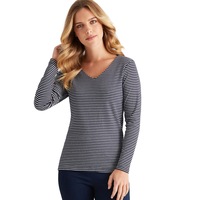 ROCKMANS - Womens All Season Tops - Blue Tshirt / Tee - Cotton - Striped Clothes - Navy / White - Fitted - Long Sleeve - V Neck - Office Work Wear
