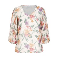 Table Eight - WOMENS Winter Tops - White Basic - Floral - Office Work Clothes - Long Sleeve - Pleated Tropical - Smart Casual Wear - Fashion Outfit