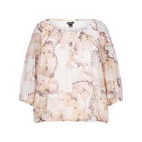 Curve Society - Plus Size - Womens Winter Tops - Pink Blouse / Shirt - Floral - Butterfly - 3/4 Sleeve - Boat Neck - Long - Office Fashion - Work Wear