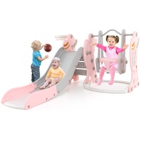 Babyjoy 4-in-1 Kids Slidie Swing Climb Set w/Basketball Ring Children Playground Toy Indoor Activity Center Pink