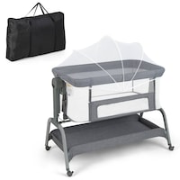 Babyjoy Baby Bassinet w/Net Newborn Infant Bedside Sleeper Portable Cradle Travel Crib Adjustable Heights Dark Grey