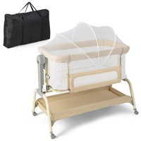 Babyjoy Baby Bassinet w/Net Newborn Infant Bedside Sleeper Portable Cradle Travel Crib Adjustable Heights Beige