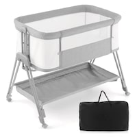Babyjoy Baby Bedside Sleeper Bassinet Folding Co Sleeper Adjustable Infant Crib Cot w/Mattress & Travel Bag Grey