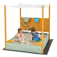 Babyjoy Wooden Kids Sandpit Sandbox w/Detachable Canopy & Water Bucket Outdoor Play Equipment
