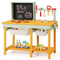 Babyjoy Wooden Kids Tool Workbench Toy Workshops w/Chalkboard & Accessories Pretend Repair Role Playset