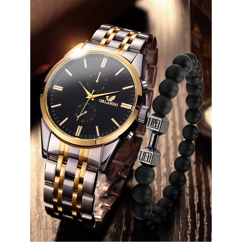 2PCs Fashion Business Big Dial Men's Room Gold Steel Band Quartz Wristwatch with Dumbbell Bead String Bracelet Set Australia