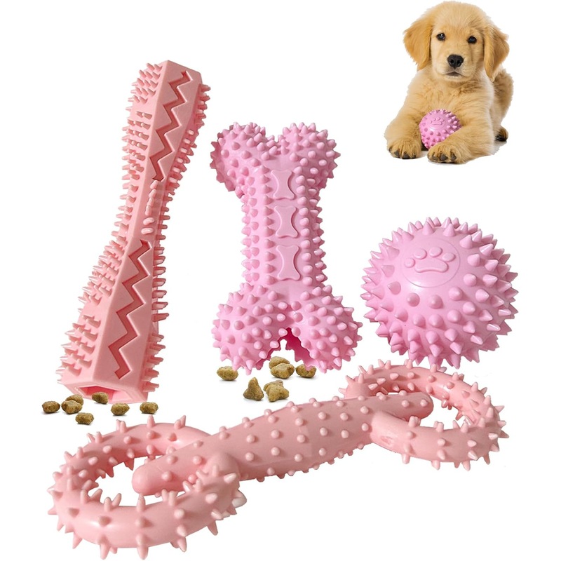 4 Pack Puppy Toys for 2-8 Months Teething Pets Dog Chew Toy Puppies Teeth Cleaning Teething Toy Food Dispensing Soft Rubber Bone Funny Ball… Australia